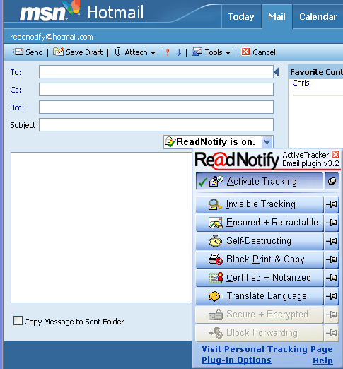Hotmail Screen shot of the Self-DestructingEmail Plugin